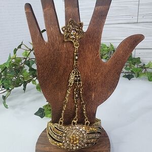 Statement Gold Hinge / Clamper Bracelet with Crystals and Attached Ring New